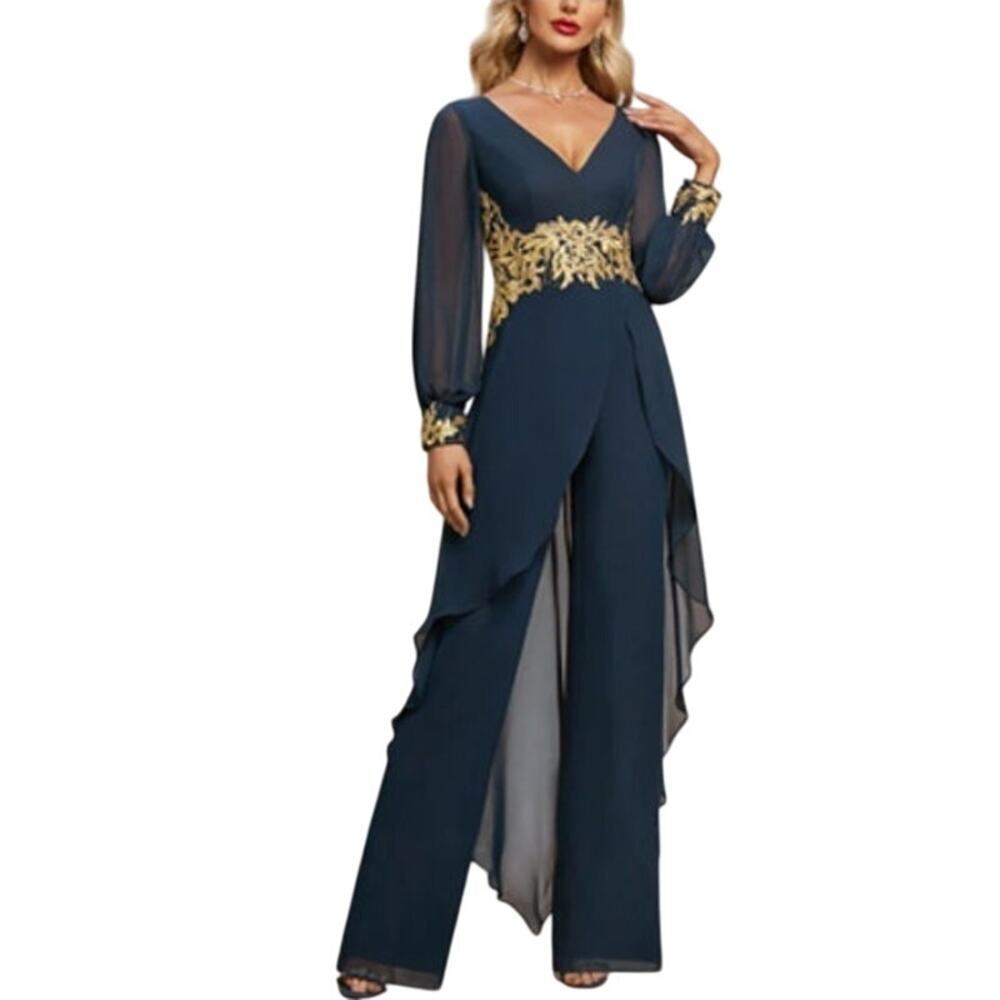 Elegant Teal/Turquoise Jumpsuit with Gold Embroidery Size 8– New Without Tags